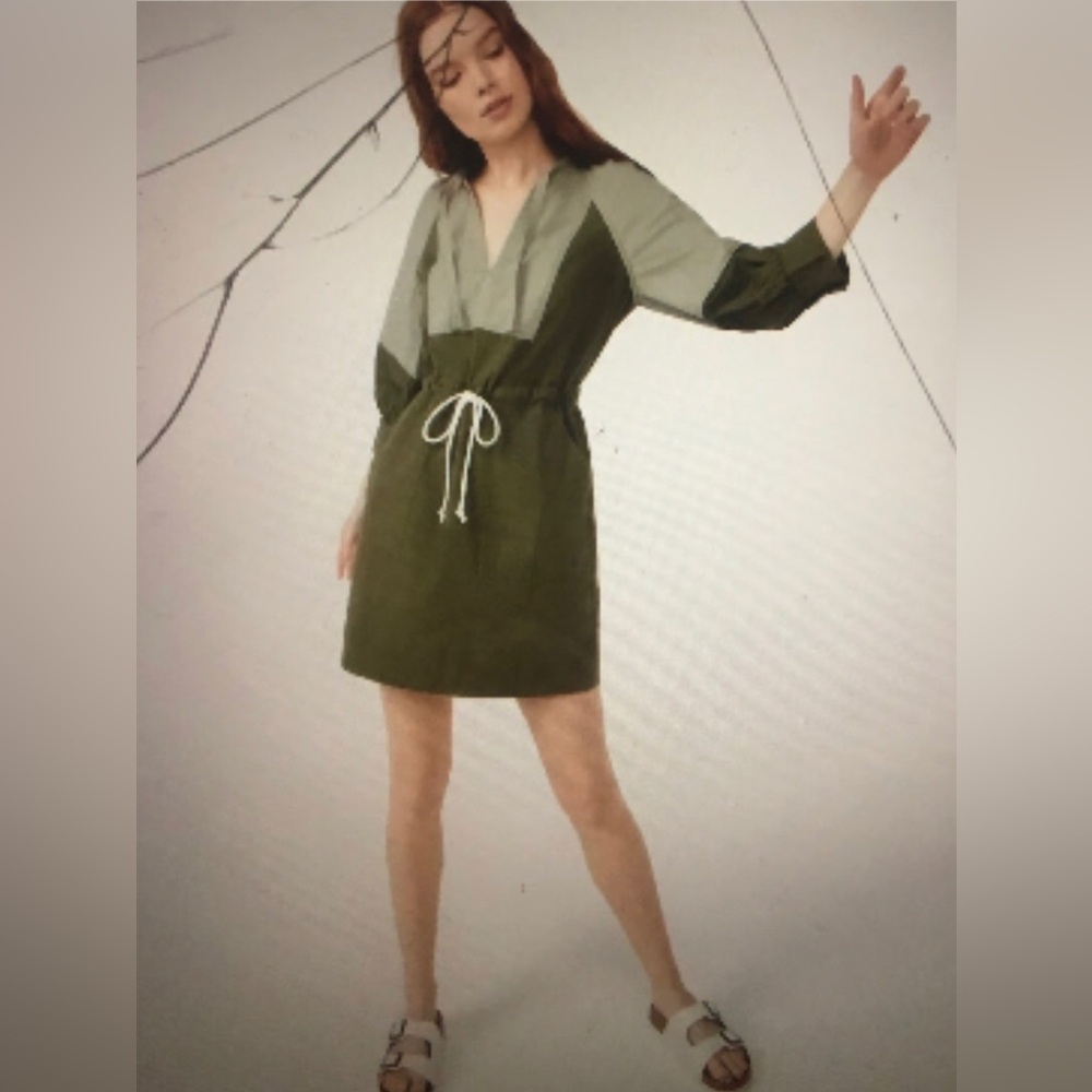 FREE ASSEMBLY Femme Mini Utility Dress Olive Color-Block 3/4 Sleeve XS NWOT